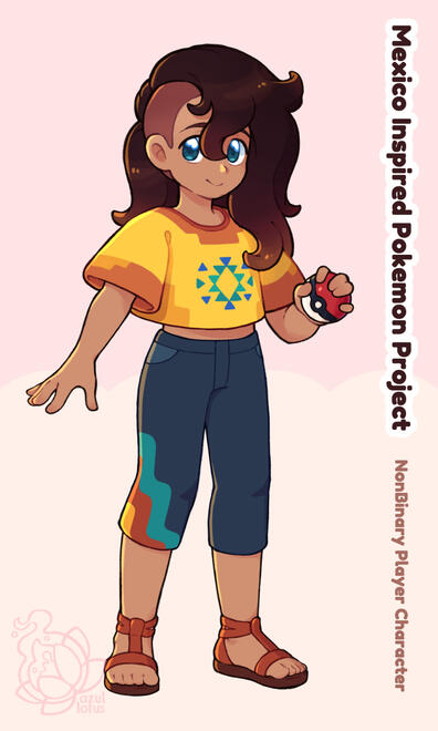 &quot;Nonbinary Trainer Design&quot; made for a collaborative project where artists designed trainers and Pokemon for a Mexican themed region.